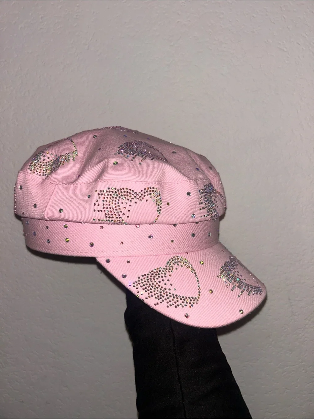 Pink Y2K Rhinestone Heart Cadet Hat